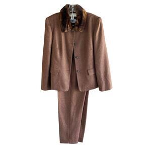 TALBOTS Lambswool Suit 12 Faux Fur Collar Blazer Pants Wool Classic Preppy